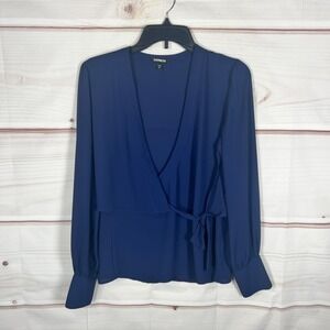 Express Top Womens Small Blue Faux‎ Wrap Blouse Long Sleeve V-Neck Woven Solid